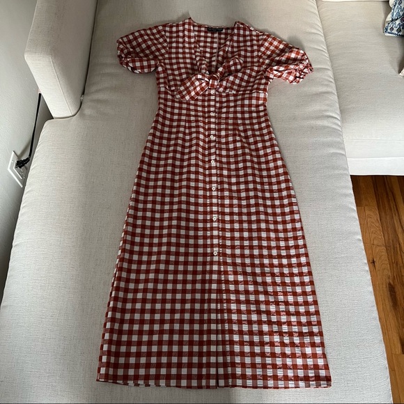 The Fifth Label Orange White Gingham Button Up Tie Front Short Sleeve Midi Dress - Picture 4 of 6